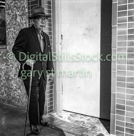 Older Man with Cane Wearing Fedora, B & W, Analog, Polk St.
