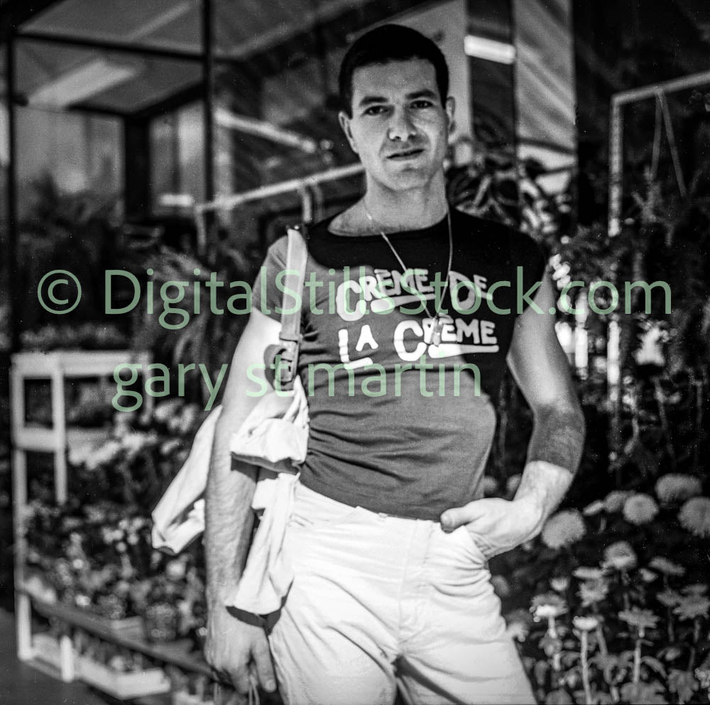 Man in ' Creme De La Creme' Tee, Analog, B & W, Polk St.