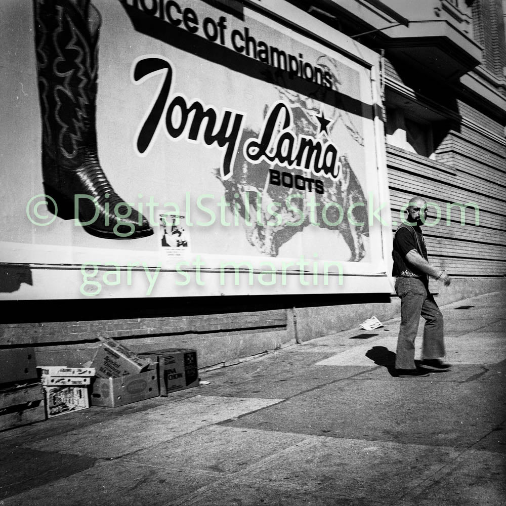 Man in Shades by Tony Lama Billboard, Analog, B & W, polk St.