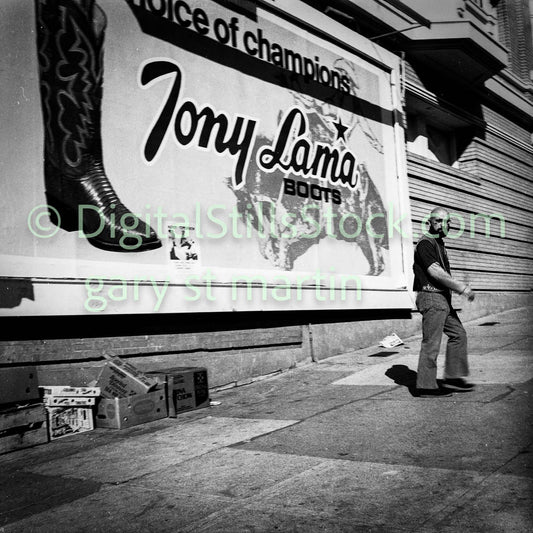 Man in Shades by Tony Lama Billboard, Analog, B & W, polk St.