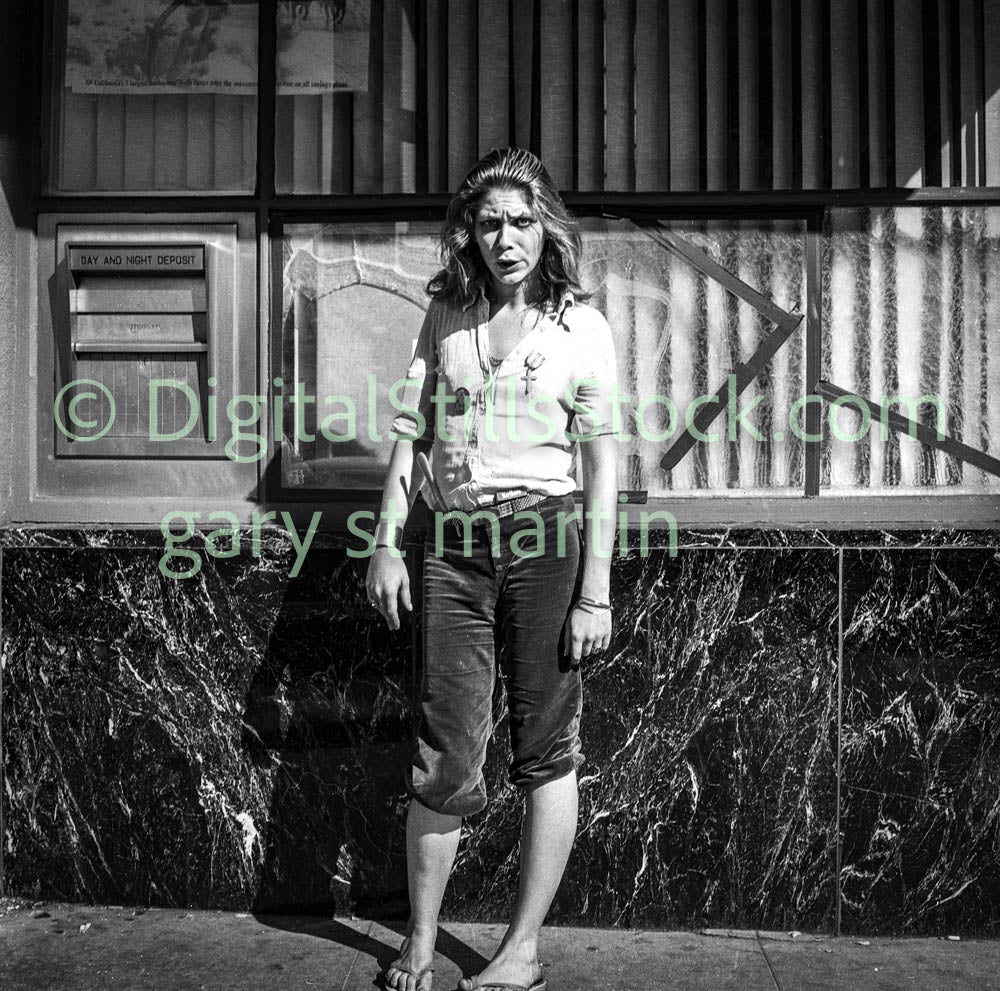 Woman Standing by Atm, Polk St., Analog, B & W