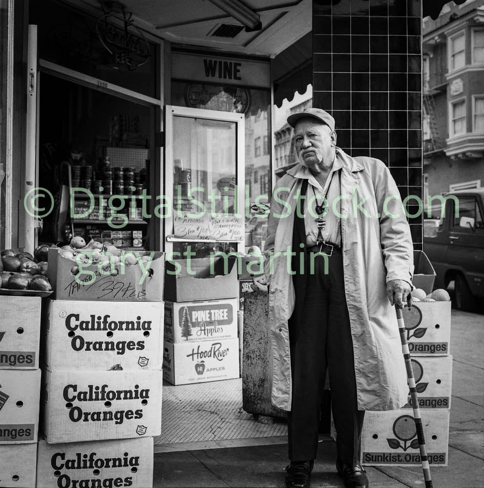 Older Man by Produce Boxes, Analog, Polk St., B & W