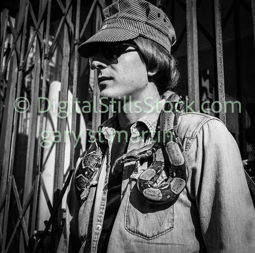 Man with Snake Around Neck, Analog, Polk St., B & W