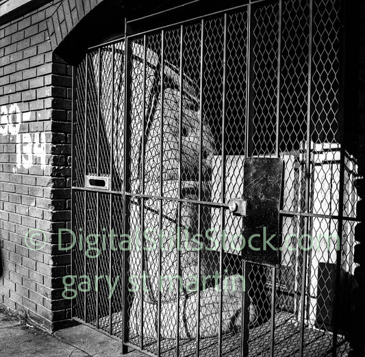 Mattress behind the gate, Downtown, San Francisco, analog, black and white, oddities