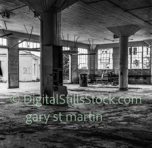 Empty abandon garage, analog, black and white, oddities