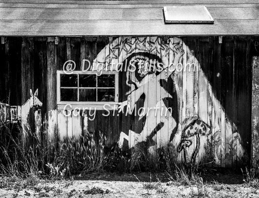 Hippie painting on a on a barn, Black & White, Oddities