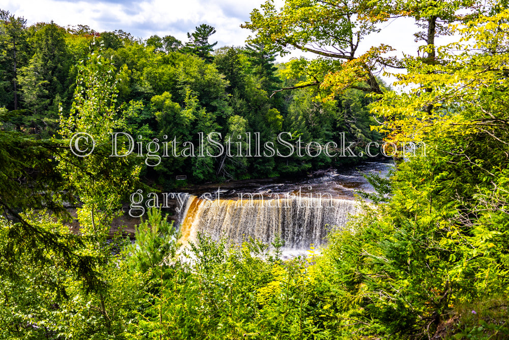 Tahquamenon Falls peaking through the trees, digital tahquamenon falls