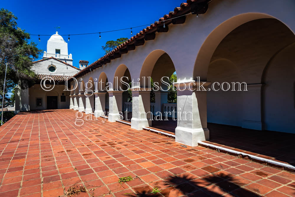 Junipero Serra Museum tile floor and blue sky, digital, Museum