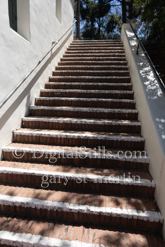 Walking up the steps inn Juniper Serra Mission, digital Juniper Serra