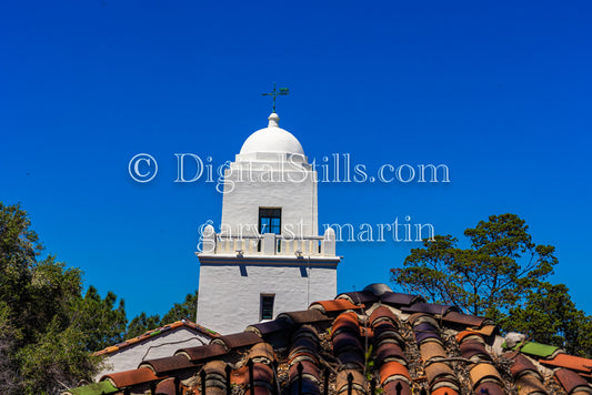 Zoomed in on the top of the Mission against a blue sky, digital Juniper Serra