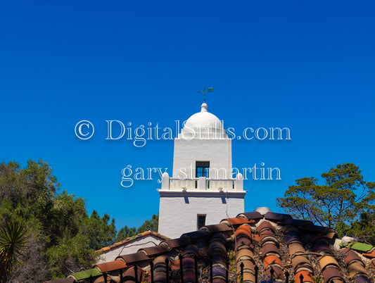 Up close with the top of the Junipero Serra Mission, digital Junipero Serr