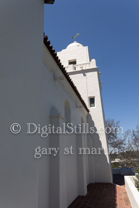 Looking along the side of the Junipero Serra Museum, digital Junipero Serra