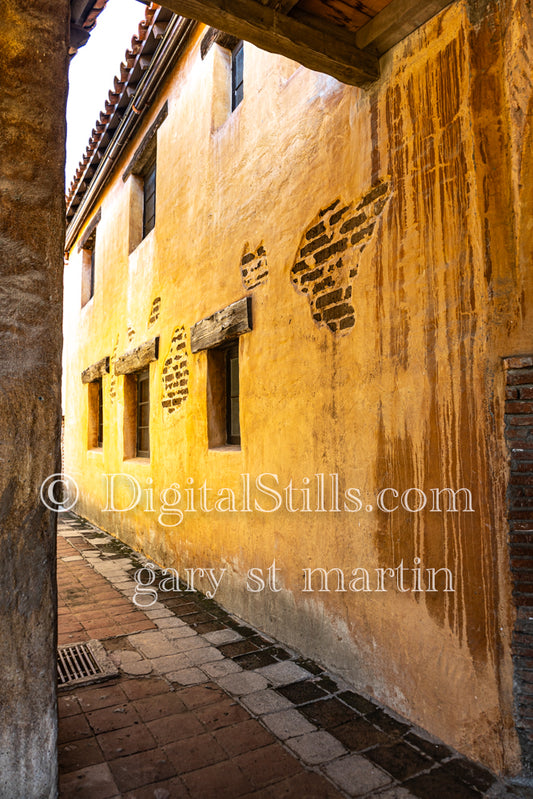 Three Windows in a wall along a walkway, San Juan Capistrano, digital, California, Missions