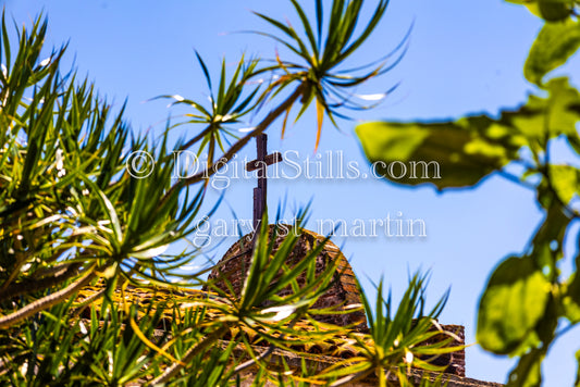 Cross, through the trees, San Juan Capistrano, 