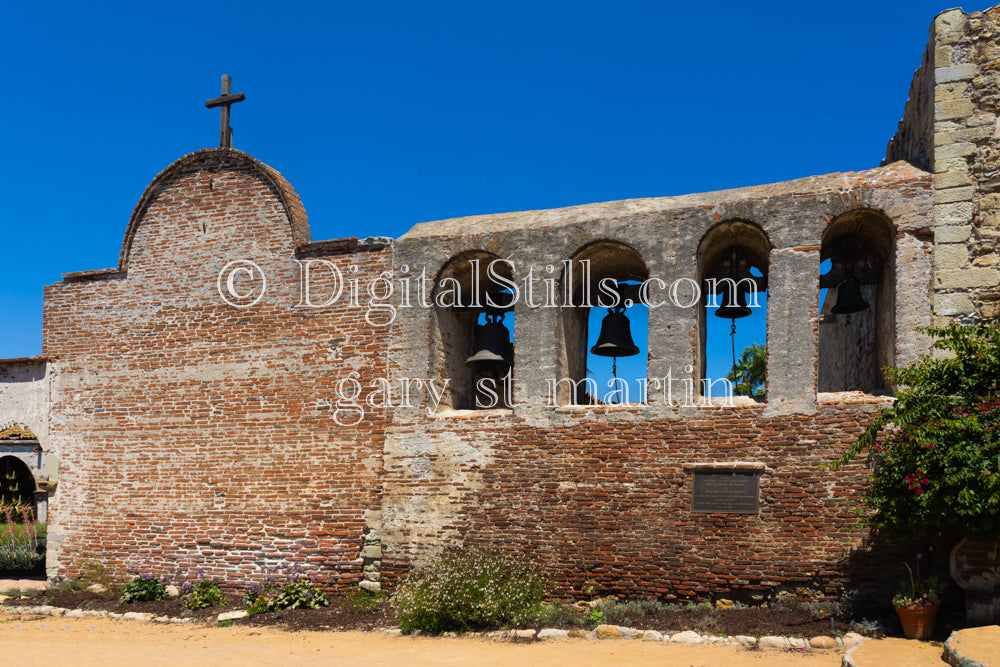 Exterior Wall, Cross and Bells, San Juan Capistrano, Digital, California,  Missions