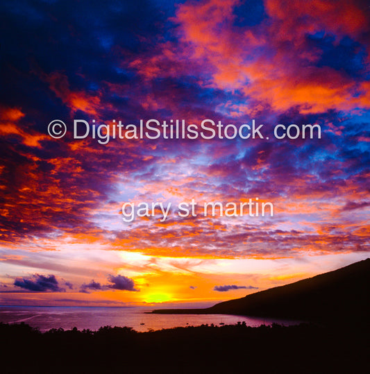 Pink and blue clouds over a view of the bay, Hawaii, analog sunsets