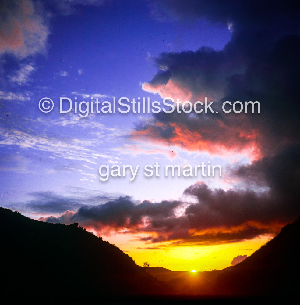 Sun going down in Silverado Canyon, California, analog sunset