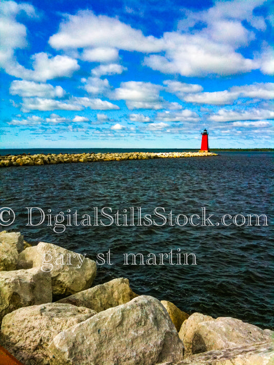 Bright Red Lighthouse Across the Dark Water, digital Marinette Lighthouse