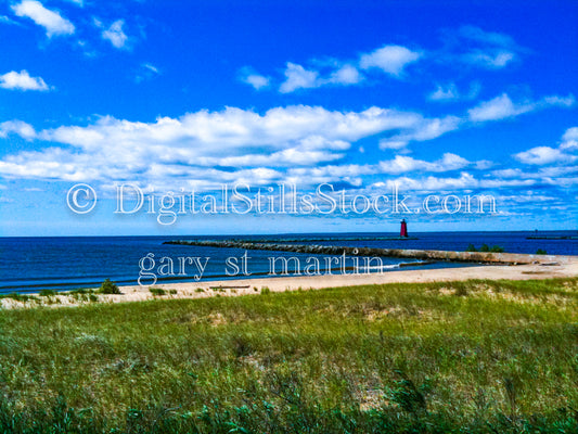 Wide view of the beach and the Lighthouse, digital Marinette Lighthouse