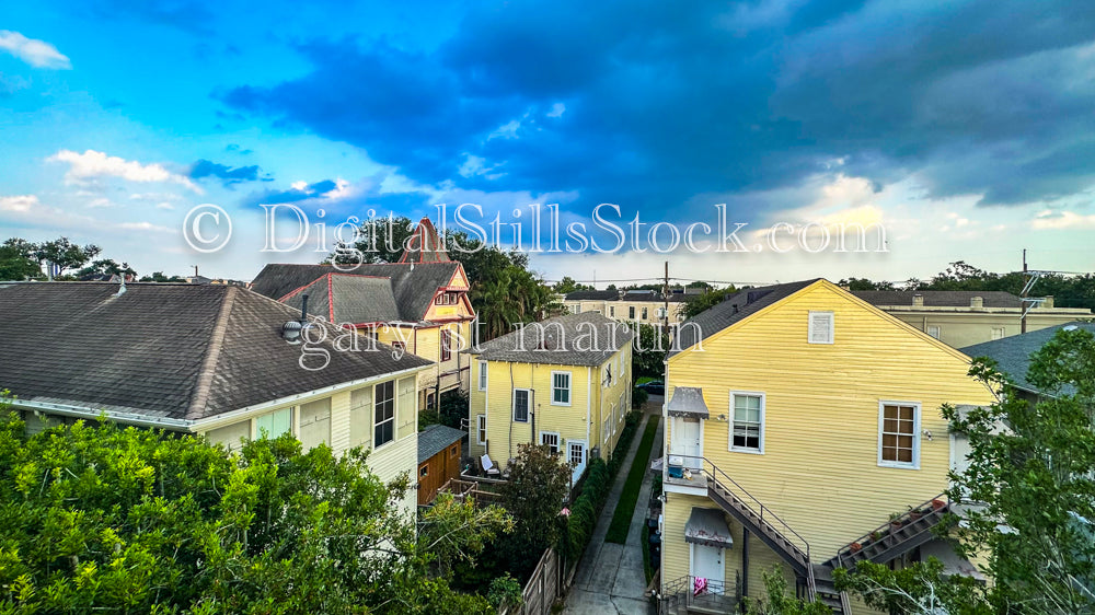 Yellow Houses against Blue Cloudy Sky, New Orleans, Digital