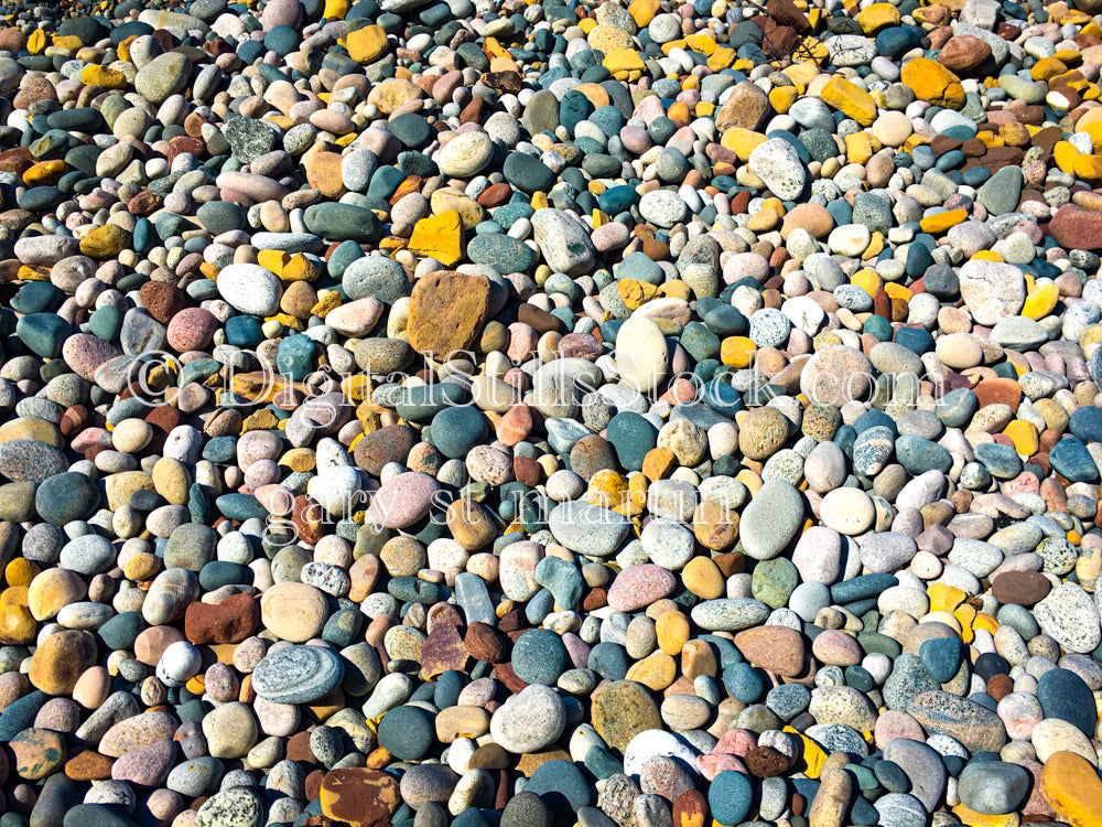 Looking straight down at the colorful pebbles, digital Grand Marais 