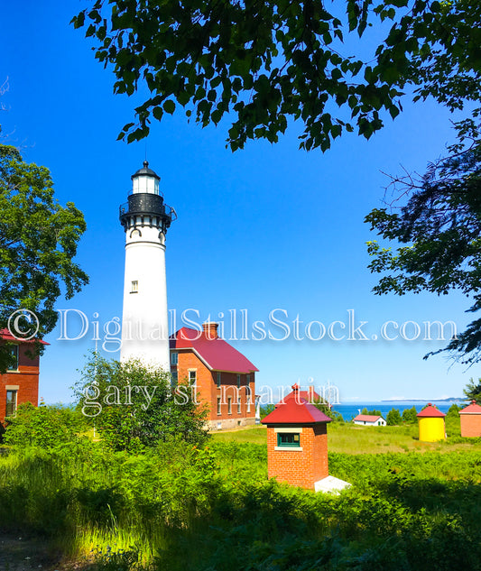 Sable Lighthouse Amongst Red Brick Buildings, digital Grand Marais