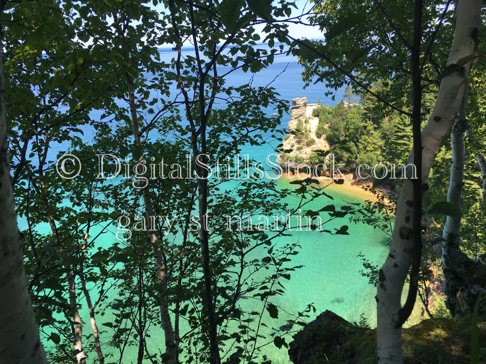 Miner's Castle through a thick cluster of trees, digital Munising