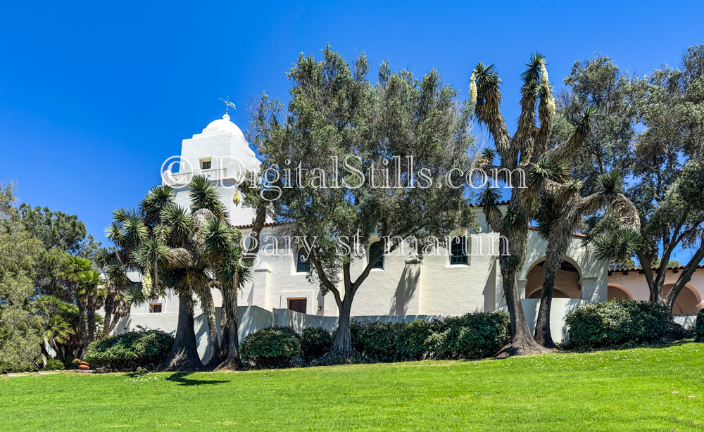 View of the Junipero Serra mission the lawn, digital Junipero Serra