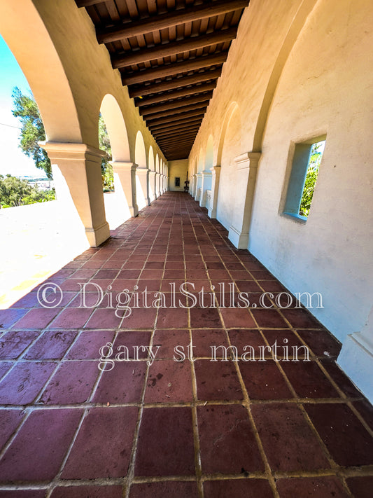 Wide view of the courtyard walkway, digital Junipero Serra