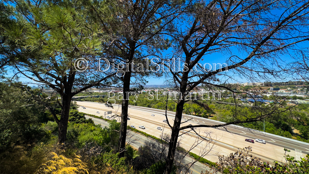 Looking down at the freeway, digital Junipero Serra