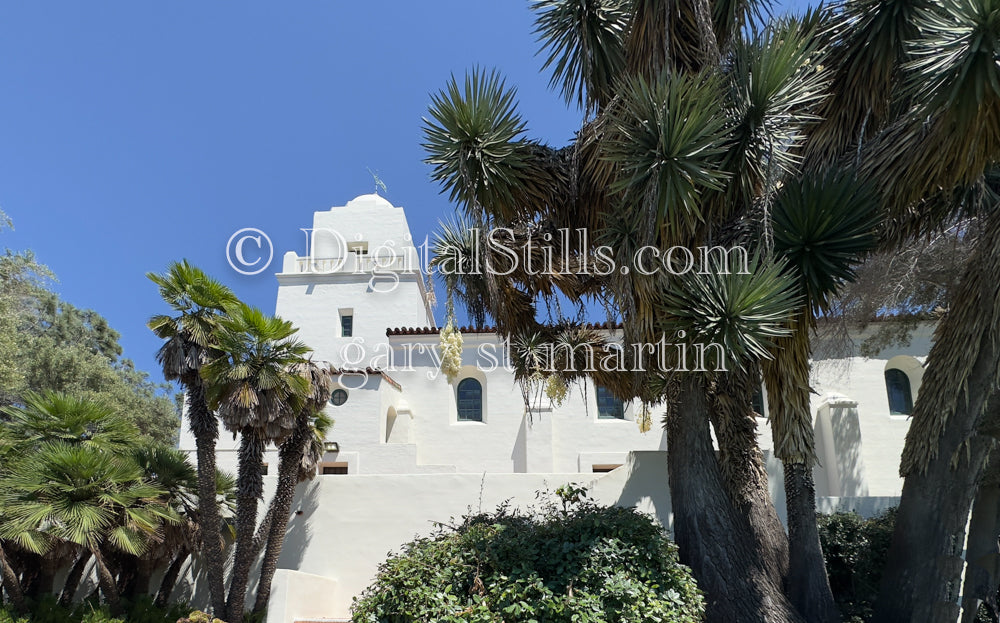 Wide View #2  of the  Museum, blue sky, through the trees, digital, Museum