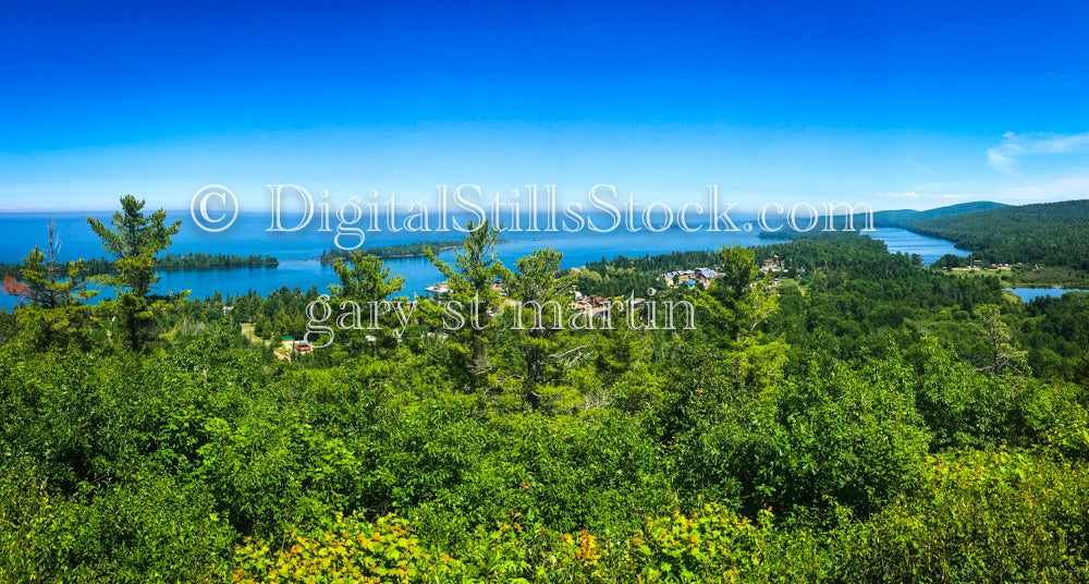 Looking down at the harbor, digital copper harbor