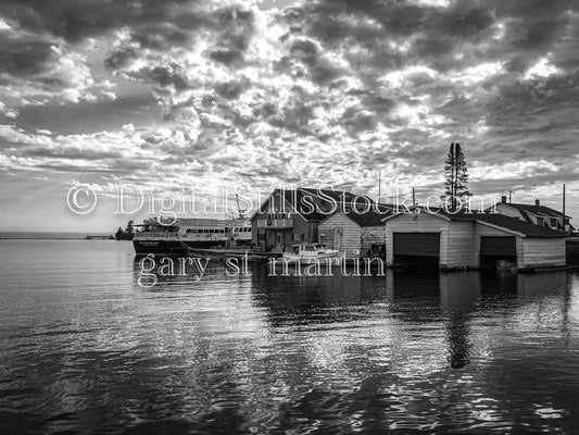 At the docks in Black and white, digital copper harbor