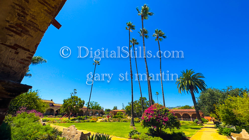 Wide Angle View Of Tall Palm Trees In Mission San Juan Capistrano , Digital, California Missions