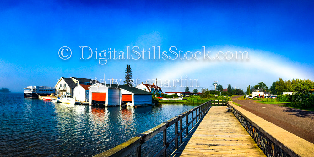 Wide view of the wooden dock and the boat, digital copper harbor