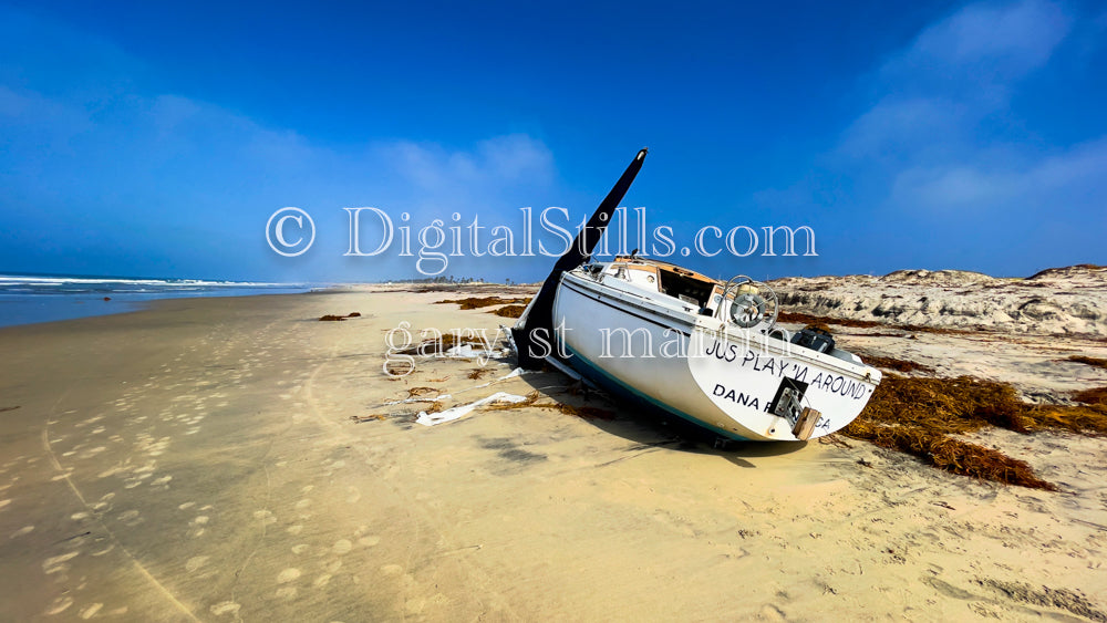 Washed up boat, digital sunset