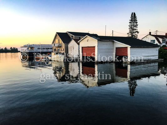 Boat docks during sunset, digital copper harbor