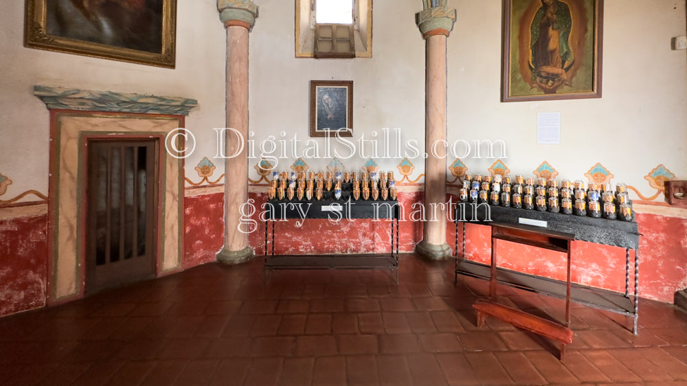Two Lit Candle Stands, House Of Church, Mission San Luis Rey