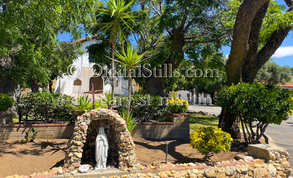 Mary in front of John the Baptist Church with Garden View, Digital, Missions, Santa Ysabel