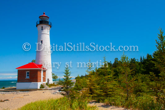 Crisp Point Lighthouse amongst the small pine trees, digital crips point