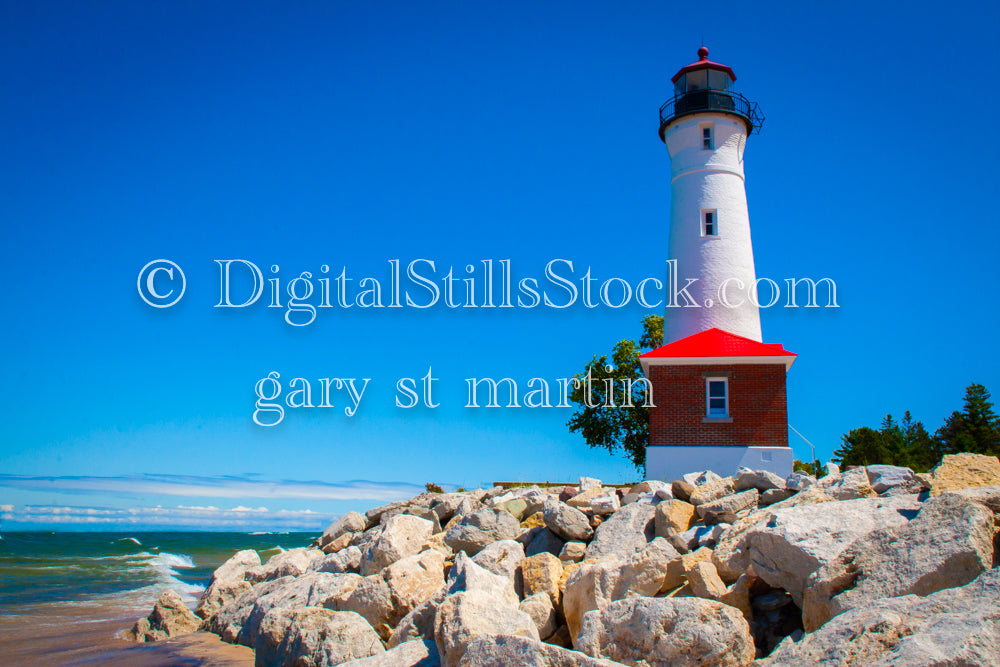 View of the rocks and water by the lighthouse, digital crisp point