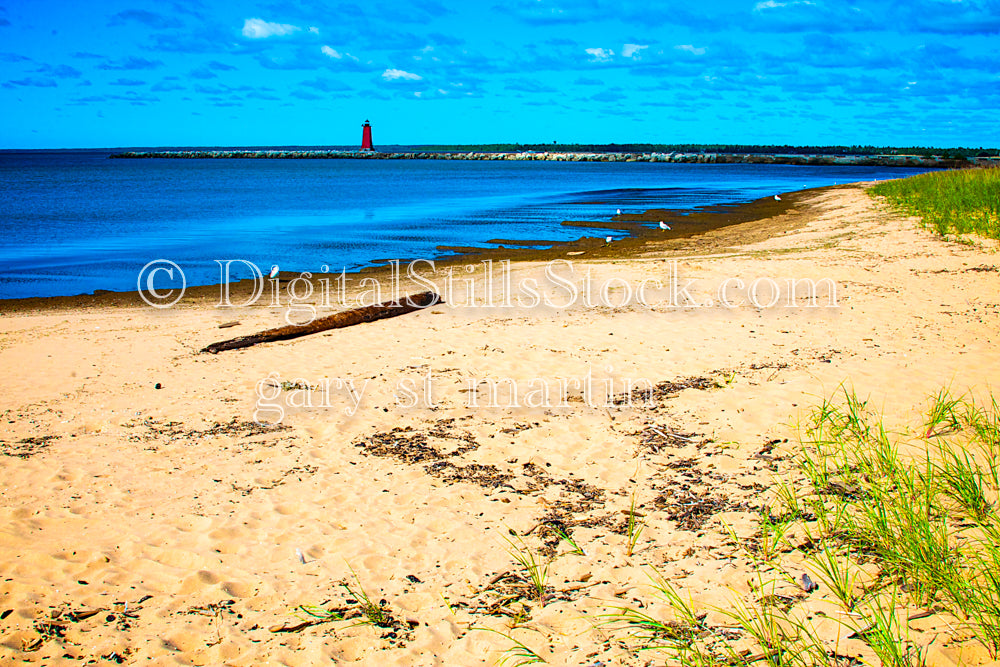 Sandy shore in front of the lighthouse, digital Marinette Lighthouse