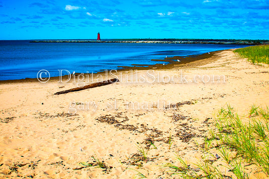 Sandy shore in front of the lighthouse, digital Marinette Lighthouse