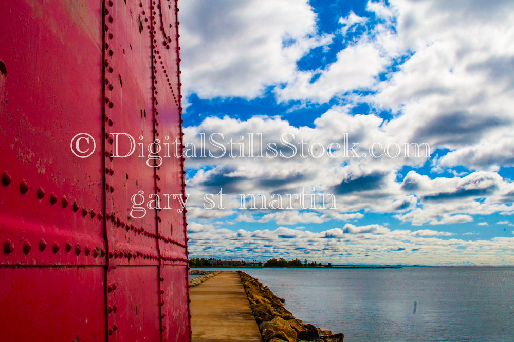 Along the steel of the lighthouse looking out at the water, digital Marinette lighthouse