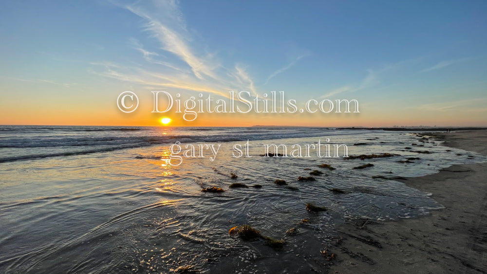 Wide angle of a blue and orange sunset, digital sunset