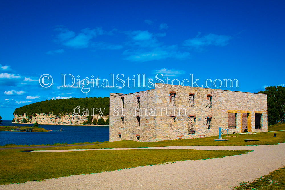 Abandoned Brick building in front of the cliffs, digital Fayette