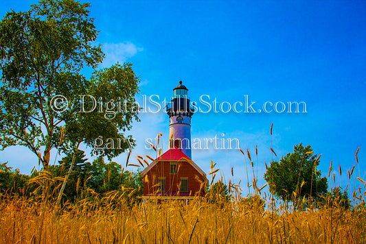 View of the Sable Lighthouse amongst the trees and grass, digital Grand MArais