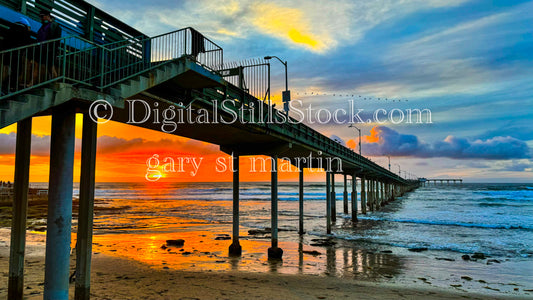 Birds into a Fiery Sun - The Mission Beach Pier, digital Mission Beach Pier