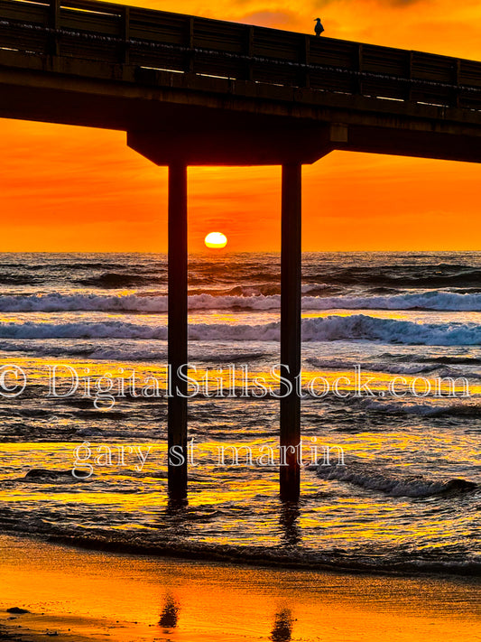 Sun setting between the Pier Posts - Mission Beach Pier, digital mission beach pier