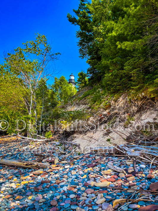 Sable Lighthouse peaking out from the treeline, digital Grand Marais 